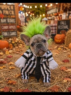 Beetlejuice Dog Costume with Black & White Striped Suit Size Small